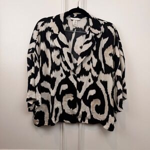 HM Black White Abstract Ikat Print Boxy Button Down Shirt Viscose Womens Small